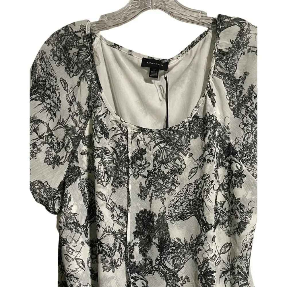 Tamara H Black & White Jungle Print Short Sleeve Top Size 2X